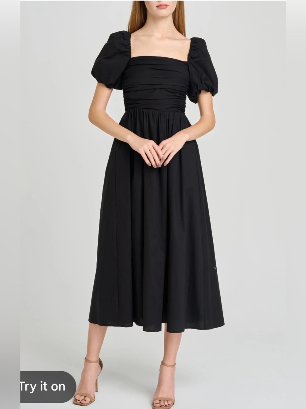 WAYF Lucy Ruched Puff Sleeve Midi Dress NWT!